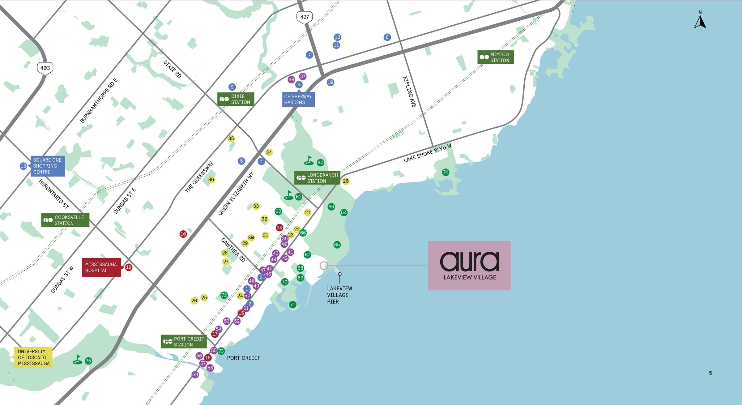 Neighbourhood map showing Aura at Lakeview Village on the Lake Ontario shoreline, with Long Branch, Dixie, Mimico, Cooksville and Port Credit GO stations, CF Sherway Gardens, Square One and Mississauga Hospital