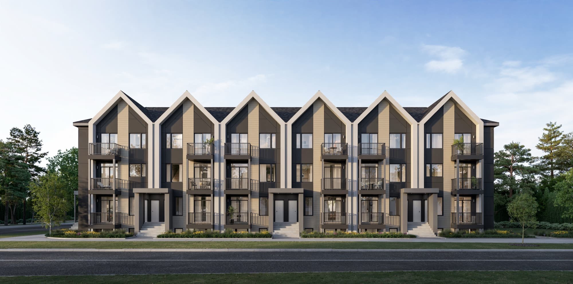 Front elevation of an Aura town block showing gabled rooflines and balconies