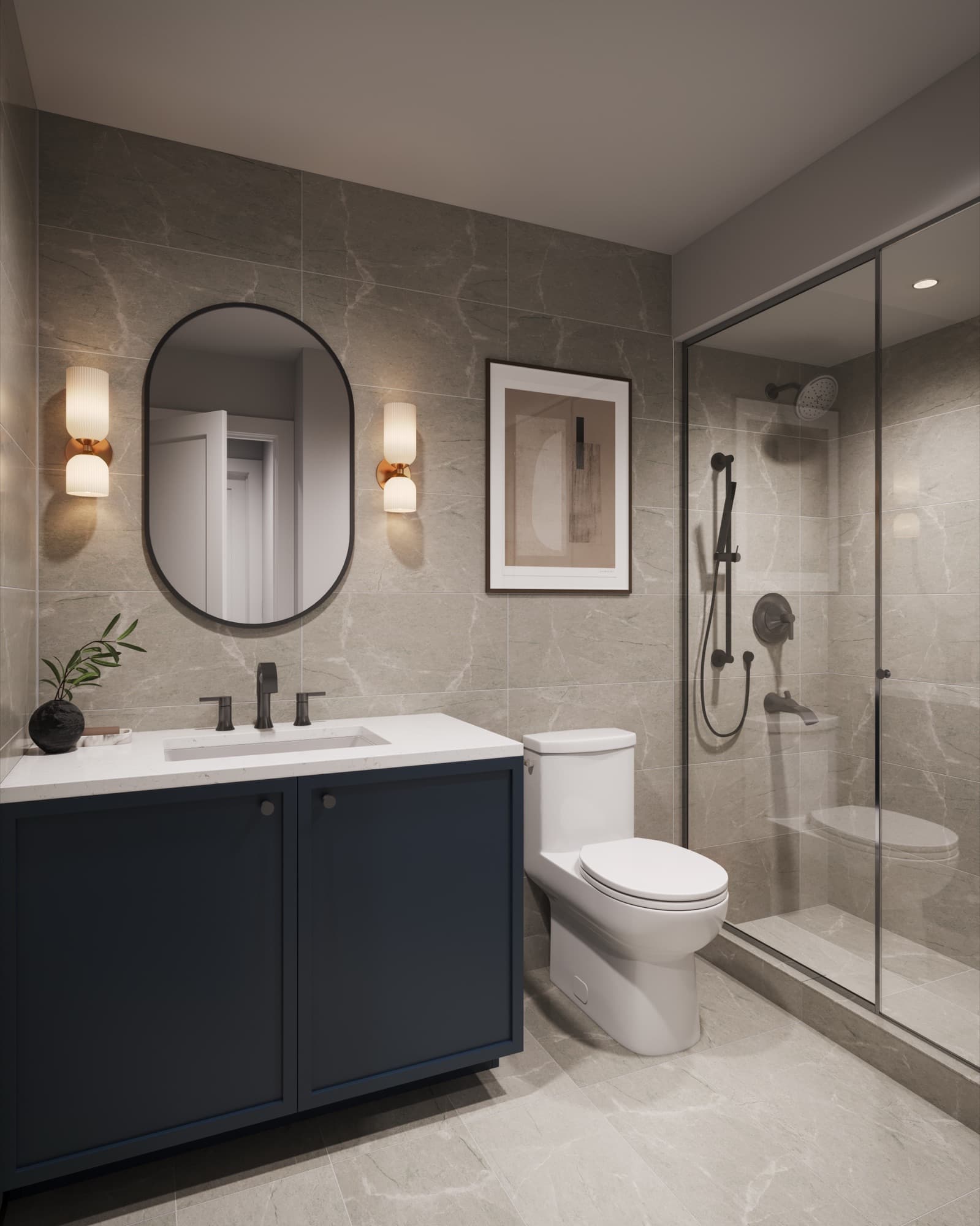 Ensuite bathroom at Aura with tiled shower enclosure and vanity