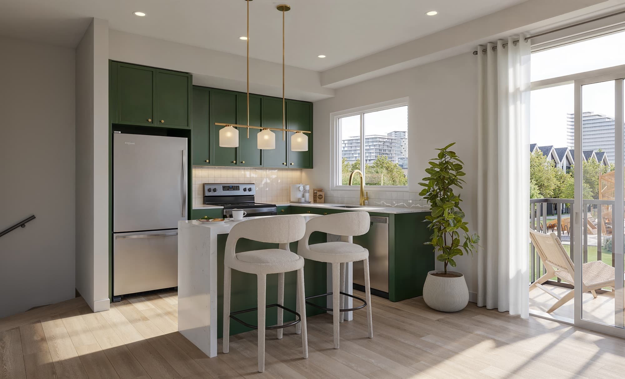 Aura kitchen with deep green cabinetry, stone counters, and a walkout to a private balcony