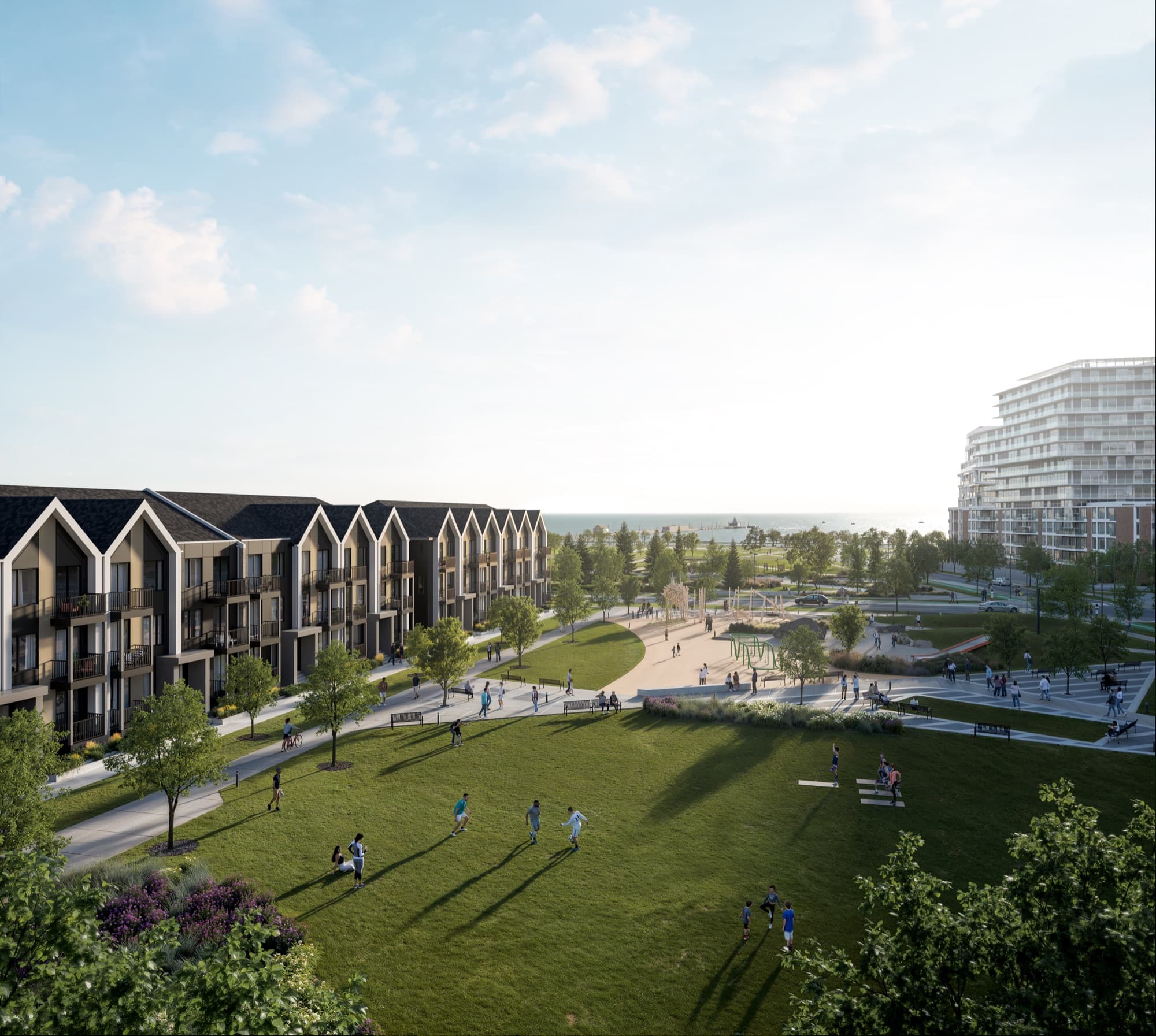 Aura townhomes overlooking Ogden Park with the Lake Ontario shoreline beyond