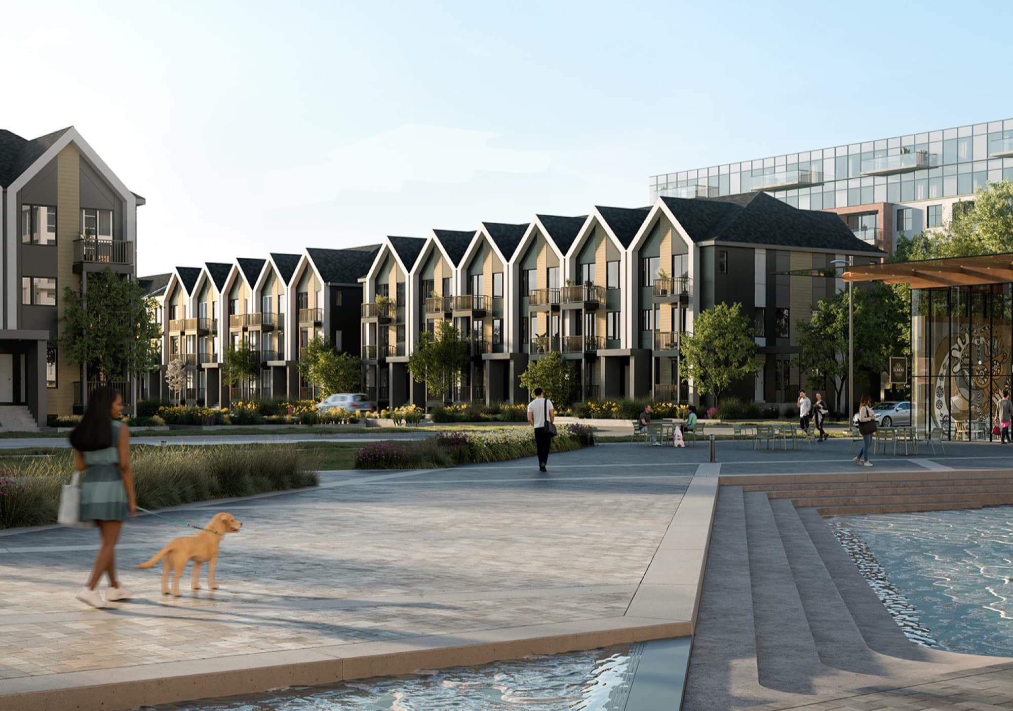 Streetscape at Aura along the waterway common